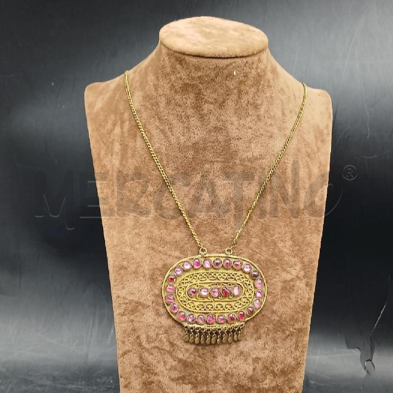 COLLANA ETNIC CIONDOLO OVALE PIETRE ROSA | Mercatino dell'Usato Roma garbatella 1
