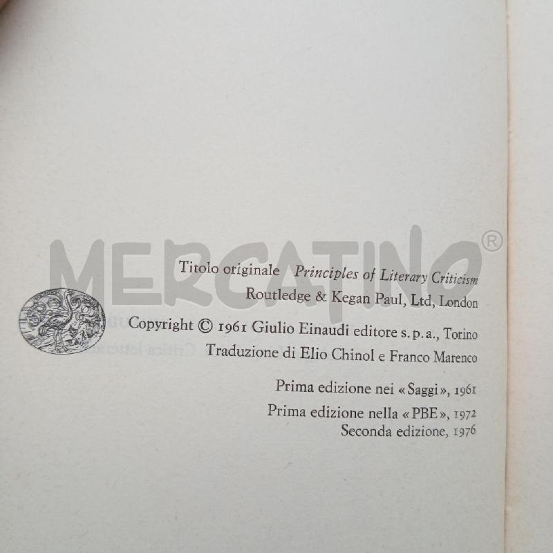 EINAUDI RICHARDS I FONDAMENTI DELLA CRTITICA LETTERARIA | Mercatino dell'Usato Roma garbatella 4
