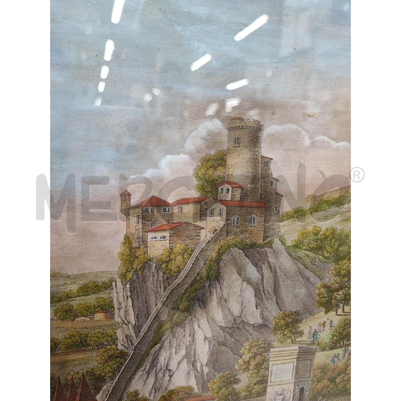 INCISIONE CASTELLO SCENA FIUME ACQUARELLATA  | Mercatino dell'Usato Roma gregorio vii 2