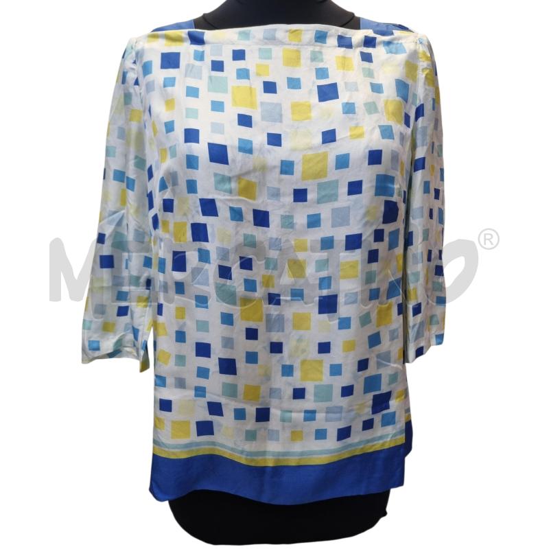 BLUSA DONNA LUISA SPAGNOLI PURA SETA BIANC QUADRAT BLU GIALLI  | Mercatino dell'Usato Roma appia 2