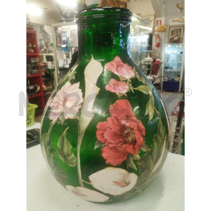 DAMIGIANA VETRO VERDE DECOUPAGE FIORI | Mercatino dell'Usato Roma zona marconi 2