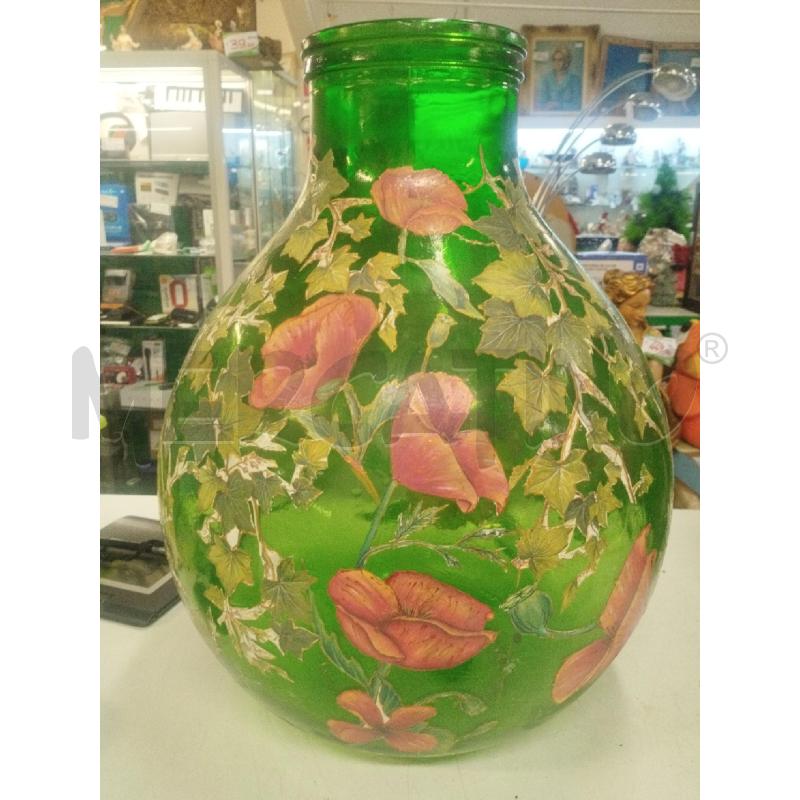 DAMIGIANA VETRO VERDE DECOUPAGE PAPAVERI | Mercatino dell'Usato Roma zona marconi 1