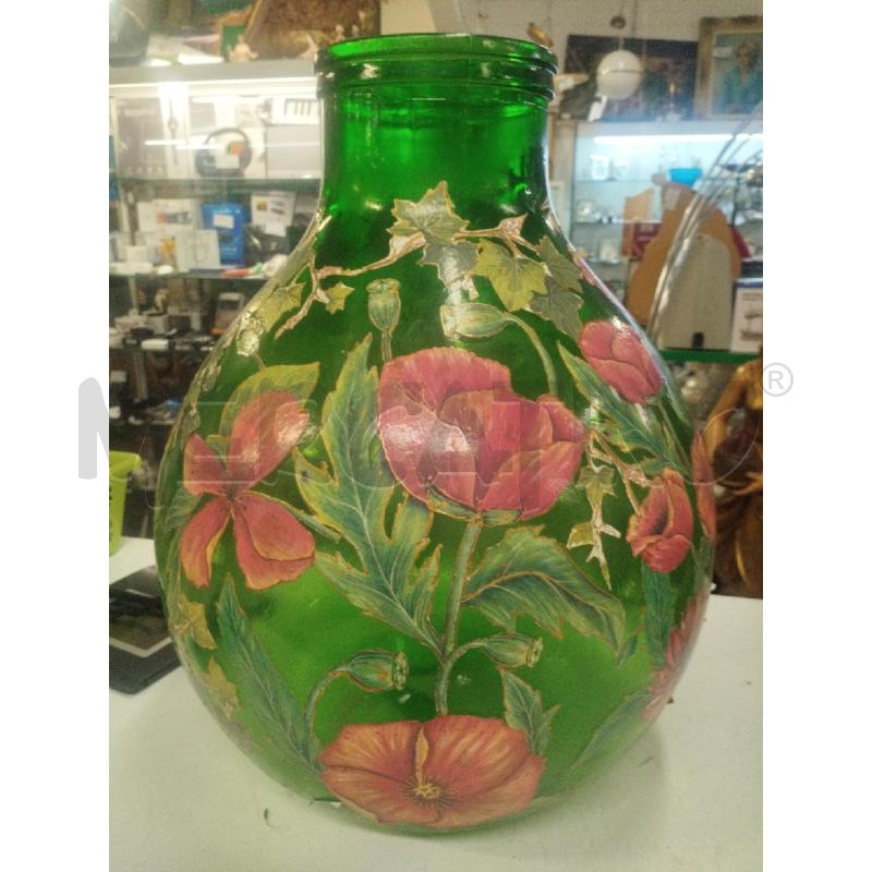 DAMIGIANA VETRO VERDE DECOUPAGE PAPAVERI | Mercatino dell'Usato Roma zona marconi 2