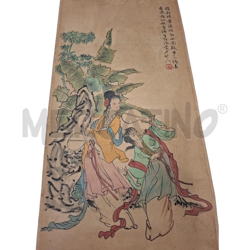 PERGAMENA ASIATICA VINTAGE DONNE IN ABITO TRDIZIONALE DIPINTO TIMBRATO MIS 135 X 40 | Mercatino dell'Usato Roma zona marconi 2