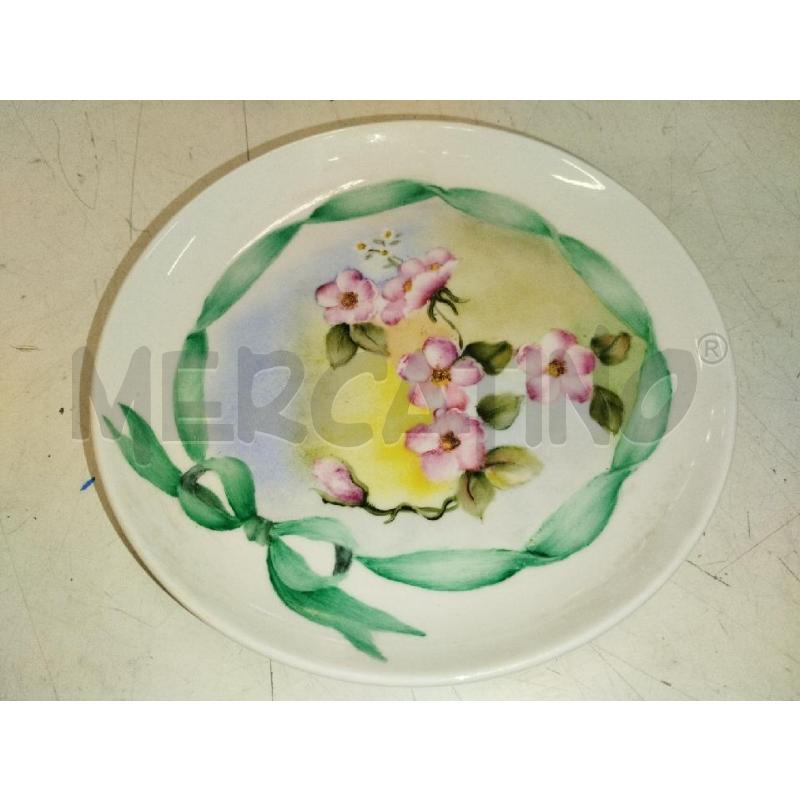 PIATTINO DIPINTO A MANO FIORI ROSA FIOCCO VERDE 16CM | Mercatino dell'Usato Roma zona marconi 1