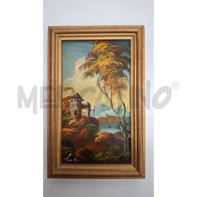 QUADRETTO 20 X 12 DIPINTO SU SIMILPELLE PAESAGGIO CORNICE DORATA 23 X 15 | Mercatino dell'Usato Roma zona marconi 1