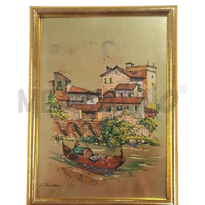 QUADRETTO 5 X 7 DIPINTO SU LAMINA DORATA PAESAGGIO CORNICE LEGNO 16 X 19 | Mercatino dell'Usato Roma zona marconi 2