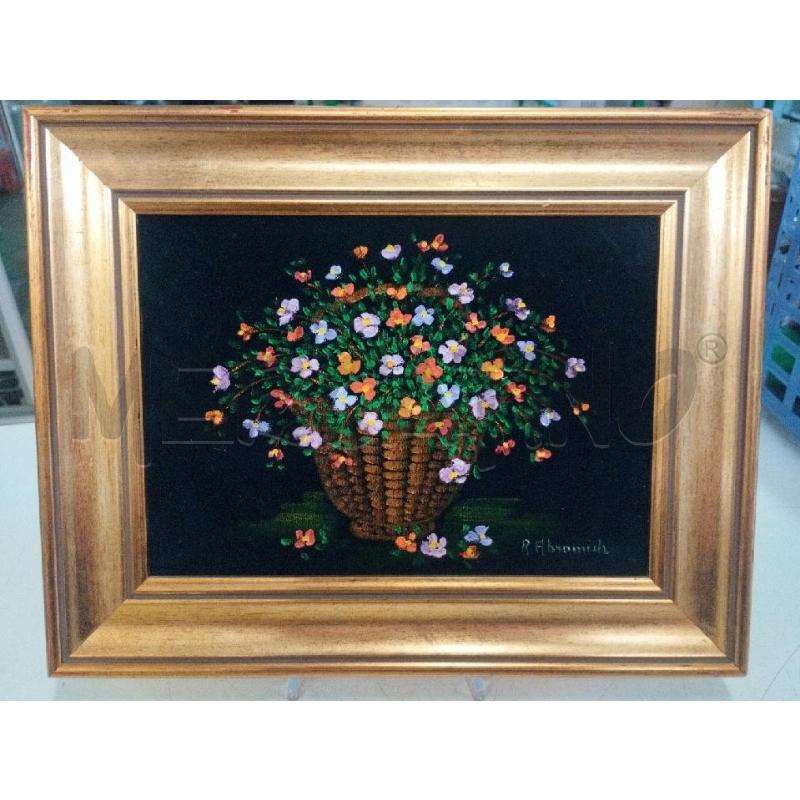QUADRETTO CESTO FIORI DIPINTO SU VELLUTO | Mercatino dell'Usato Roma zona marconi 1