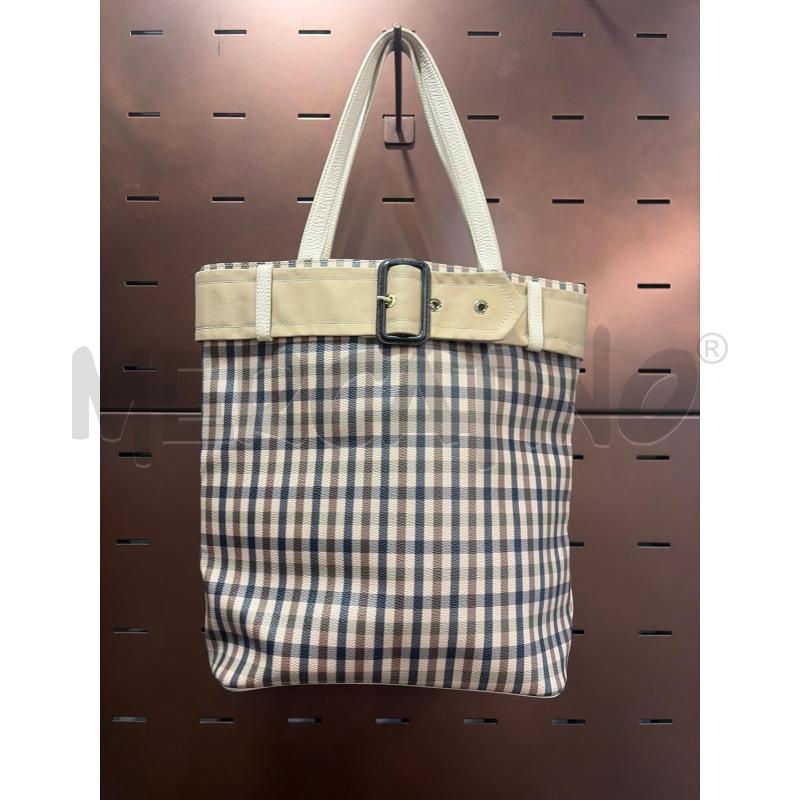AQUASCUTUM BORSA QUADRETTATA BLU BEIGE FASCIA FIBBIA 2 MANICI PELLE | Mercatino dell'Usato Roma porta maggiore 1