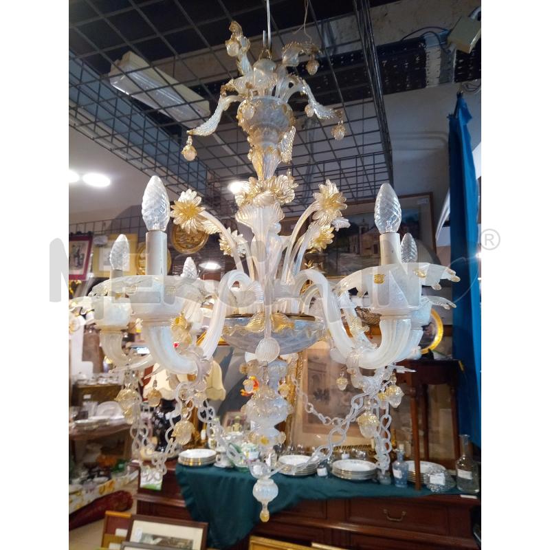 LAMPADARIO 6L MURANO VETRO LATTIMO INCLUSIONI ORO  | Mercatino dell'Usato Roma porta maggiore 1