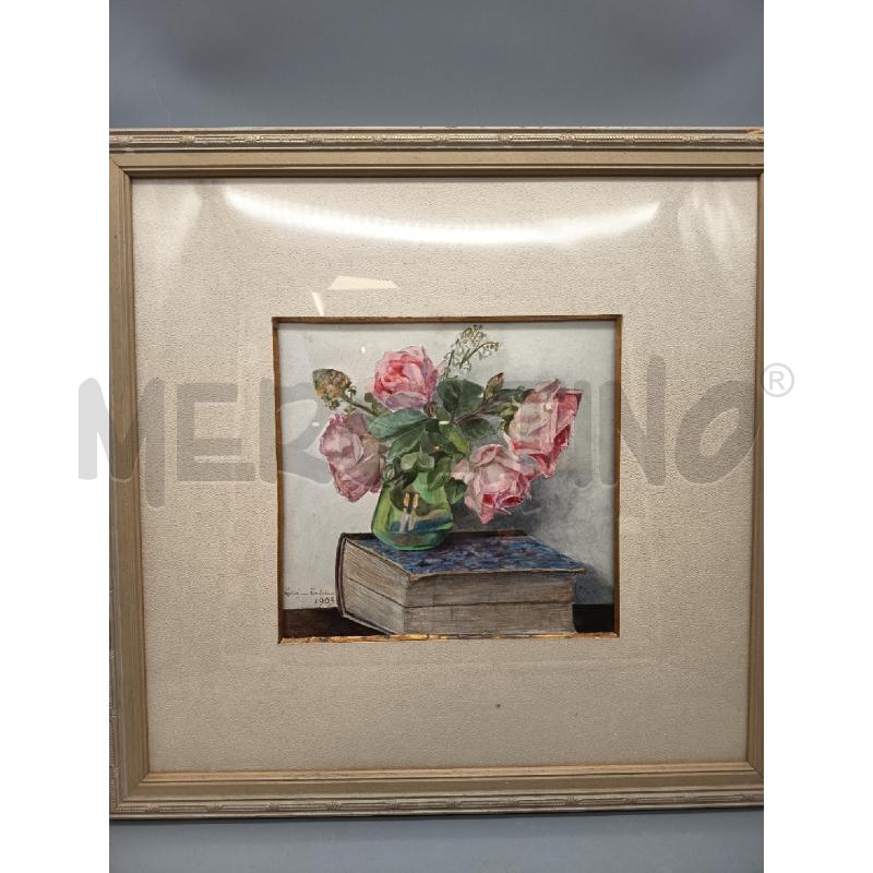 QUADRO ACQUERELLO ROSE ROSA SU LIBRO | Mercatino dell'Usato Roma porta maggiore 1