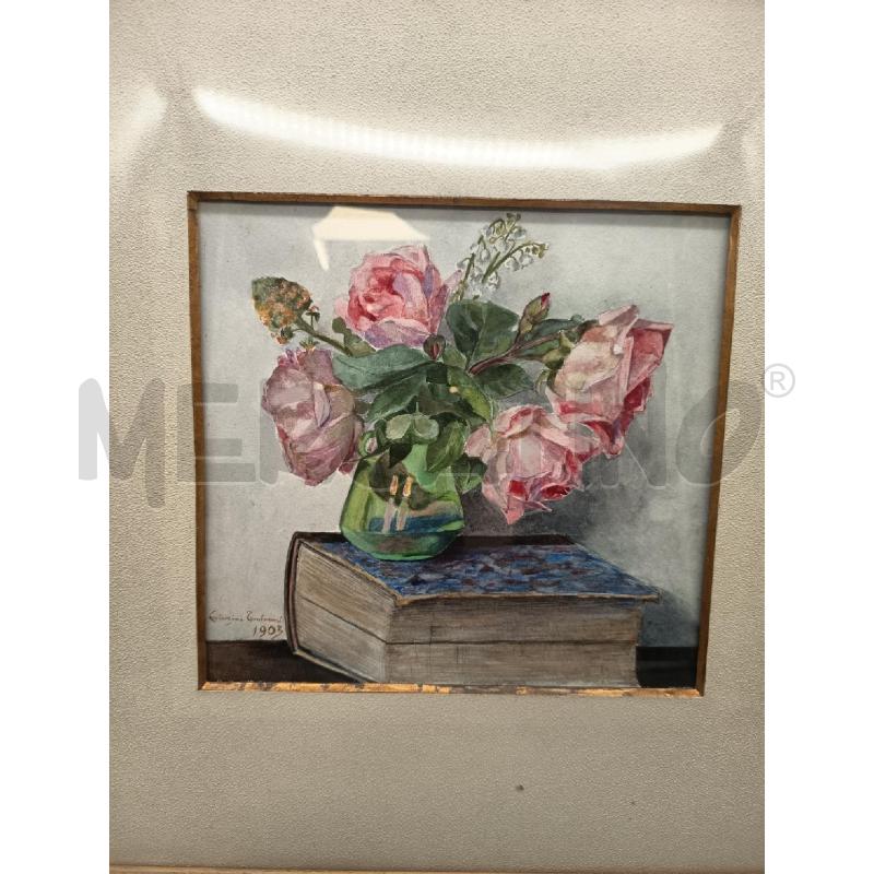 QUADRO ACQUERELLO ROSE ROSA SU LIBRO | Mercatino dell'Usato Roma porta maggiore 2