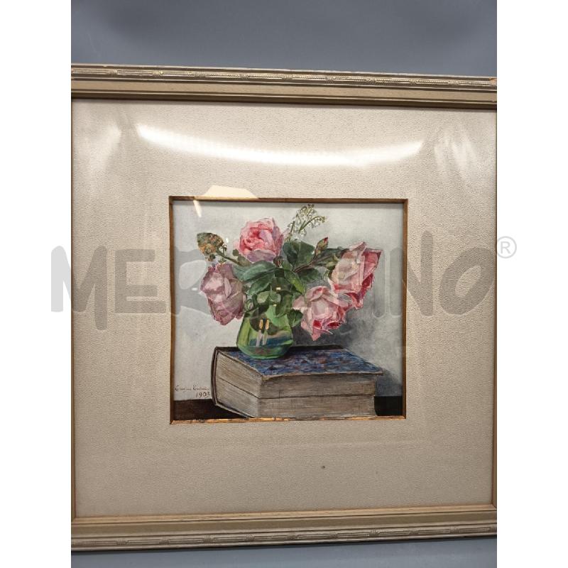 QUADRO ACQUERELLO ROSE ROSA SU LIBRO | Mercatino dell'Usato Roma porta maggiore 4
