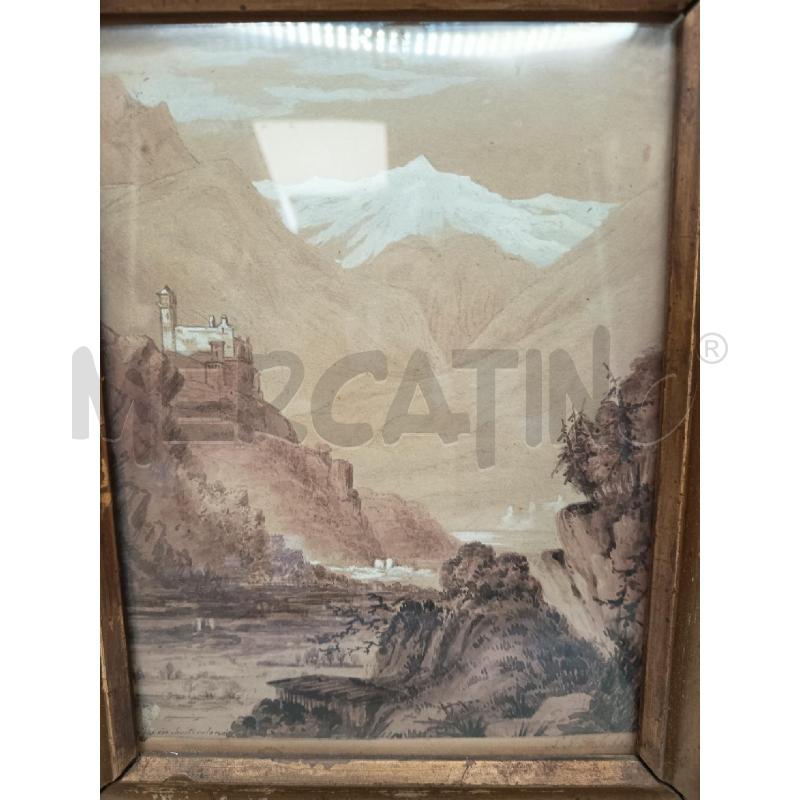 QUADRO GOUACHE CASTELLO A PICCO SU LAGO | Mercatino dell'Usato Roma porta maggiore 1