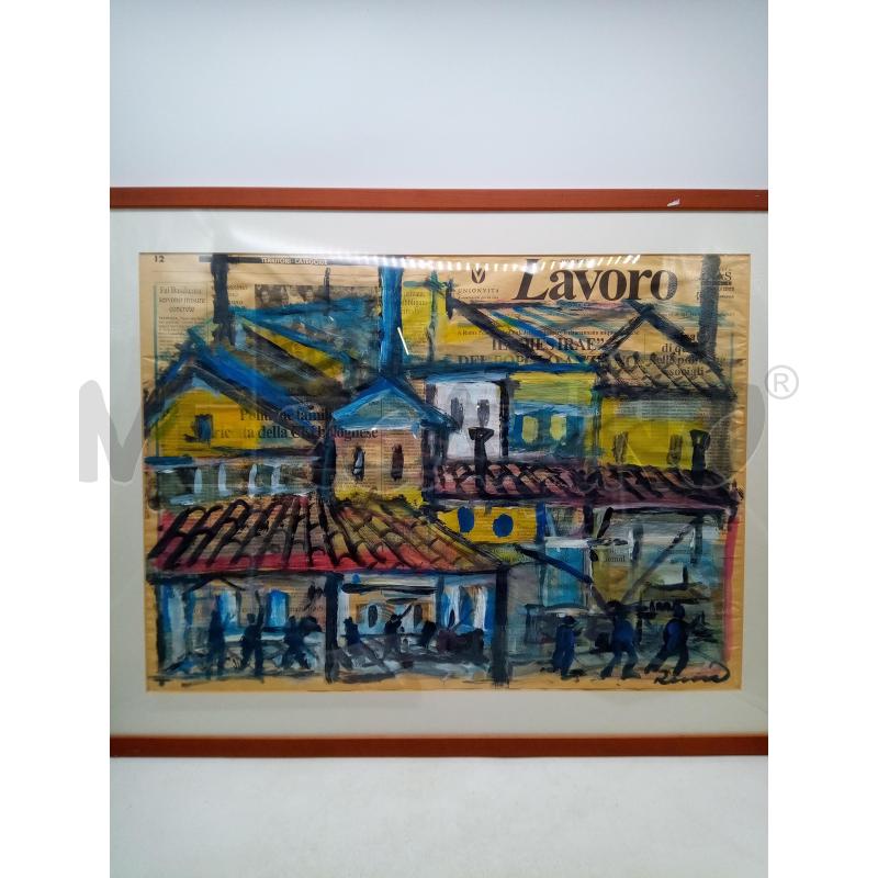 QUADRO GOUACHE SU GIORNALI EDIFICI E PERSONE | Mercatino dell'Usato Roma porta maggiore 1