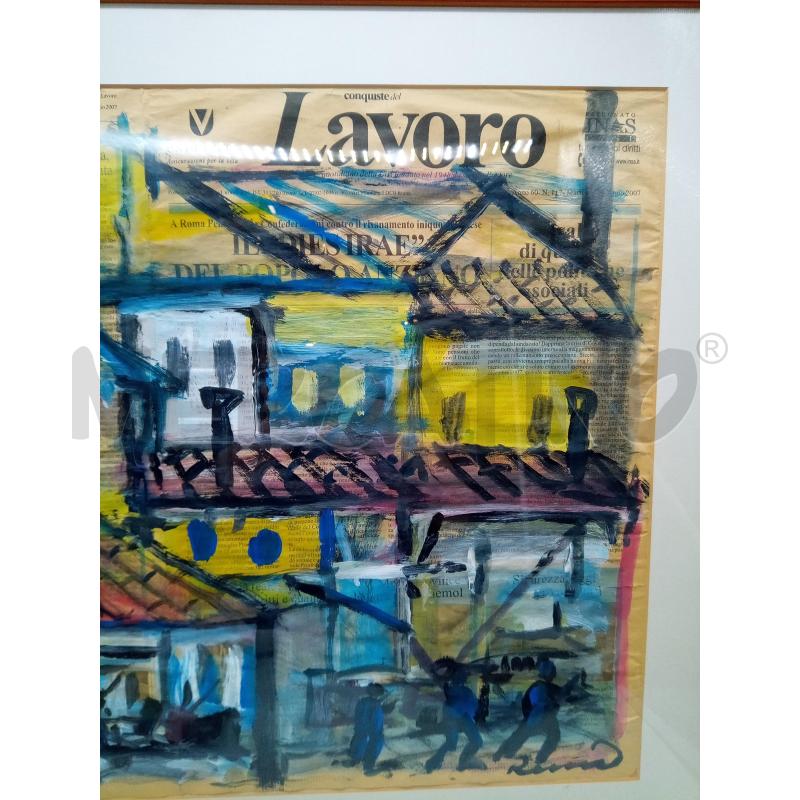 QUADRO GOUACHE SU GIORNALI EDIFICI E PERSONE | Mercatino dell'Usato Roma porta maggiore 2