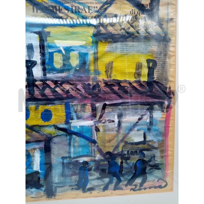 QUADRO GOUACHE SU GIORNALI EDIFICI E PERSONE | Mercatino dell'Usato Roma porta maggiore 4