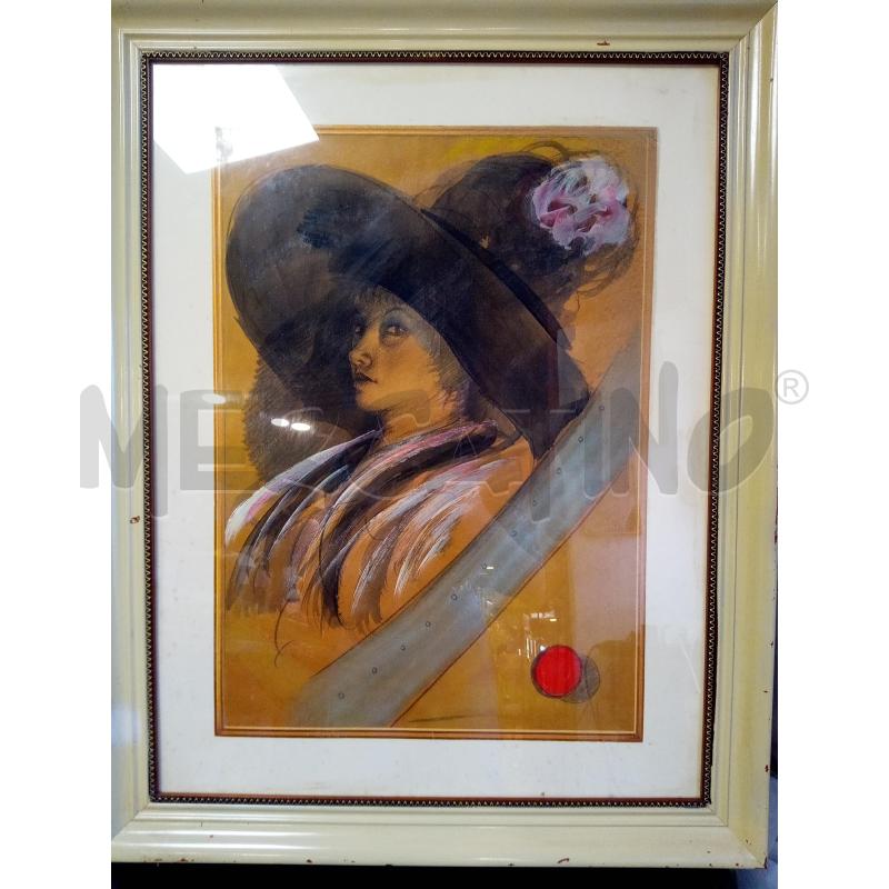 QUADRO MATITA ACQUERELLO DONNA CON CAPPELLO NERO | Mercatino dell'Usato Roma porta maggiore 1