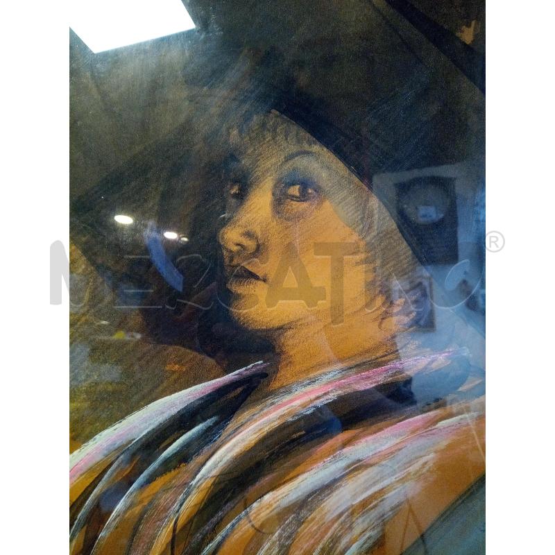QUADRO MATITA ACQUERELLO DONNA CON CAPPELLO NERO | Mercatino dell'Usato Roma porta maggiore 2