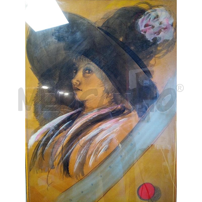 QUADRO MATITA ACQUERELLO DONNA CON CAPPELLO NERO | Mercatino dell'Usato Roma porta maggiore 4