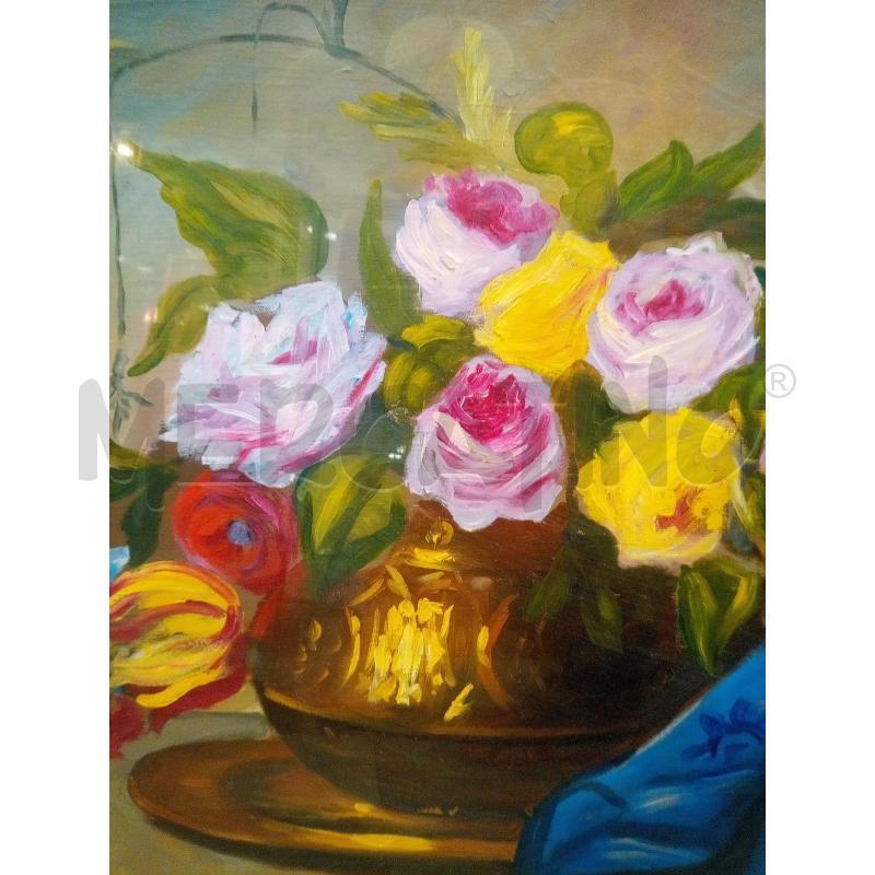 QUADRO OLIOSU TELA VASO ROSE DRAPPO BLU | Mercatino dell'Usato Roma porta maggiore 2