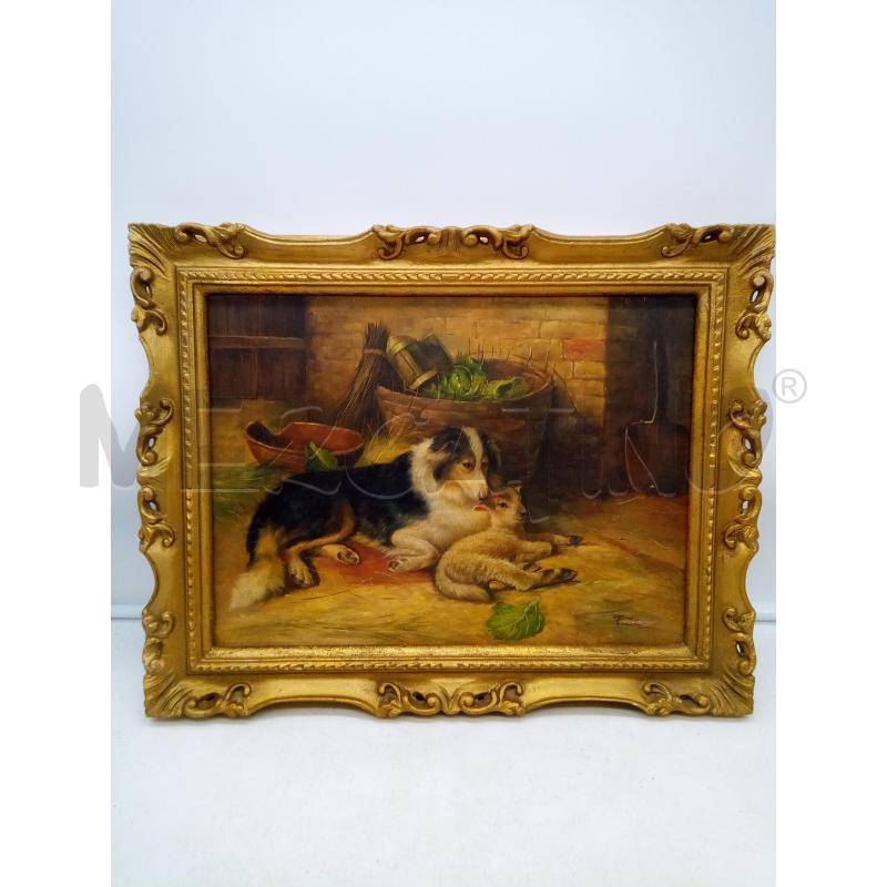 QUADRO OLIO SU TAV CANE CON AGNELLINO | Mercatino dell'Usato Roma porta maggiore 1