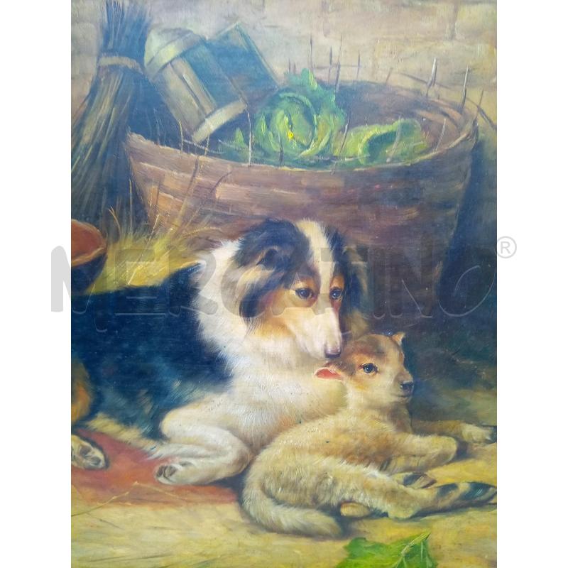 QUADRO OLIO SU TAV CANE CON AGNELLINO | Mercatino dell'Usato Roma porta maggiore 2