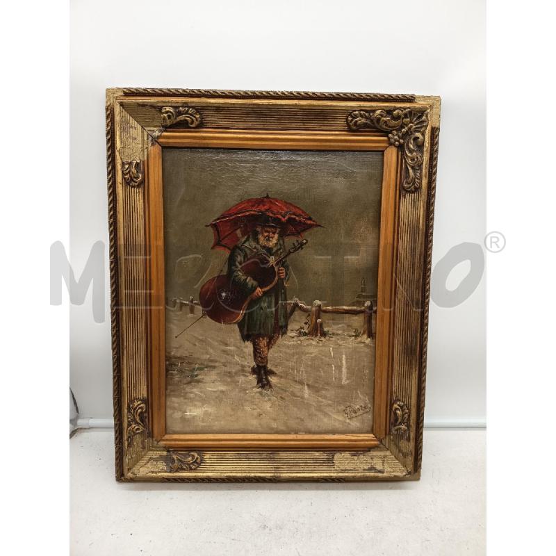 QUADRO OLIO SU TELA ANZIANO CONTRABBASSO E OMBRELLO ROSSO DIFETTI  | Mercatino dell'Usato Roma porta maggiore 4