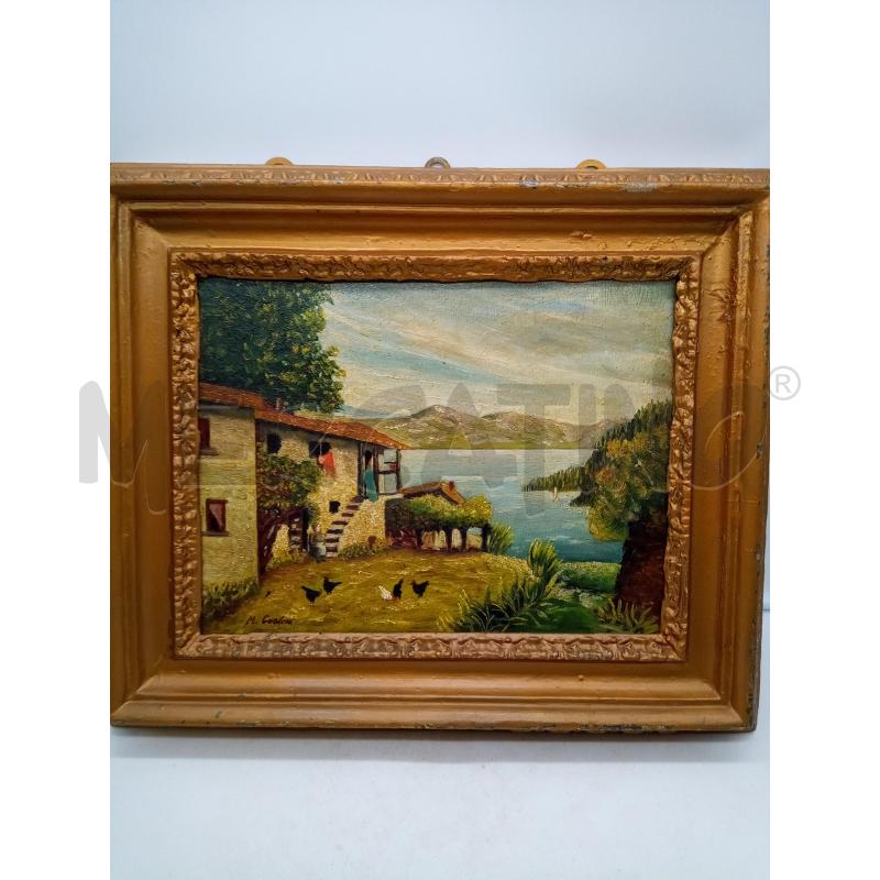 QUADRO OLIO SU TELA CASA SUL LAGO CON GALLINE | Mercatino dell'Usato Roma porta maggiore 1