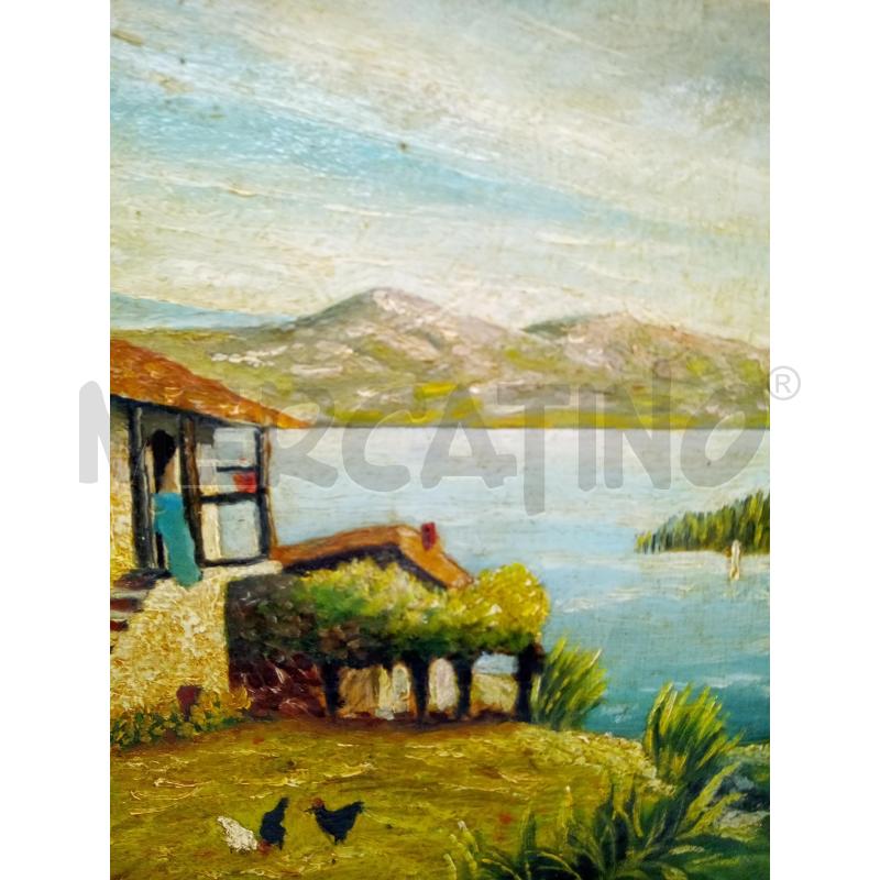 QUADRO OLIO SU TELA CASA SUL LAGO CON GALLINE | Mercatino dell'Usato Roma porta maggiore 2