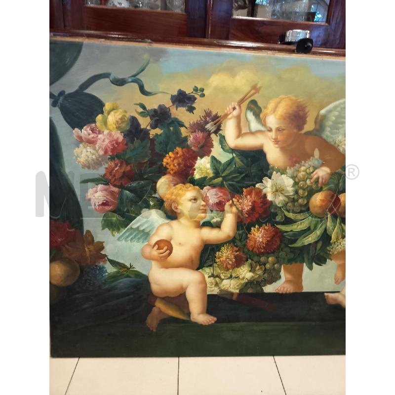 QUADRO OLIO SU TELA CUPIDO CON AMORINI E FIORI | Mercatino dell'Usato Roma porta maggiore 2