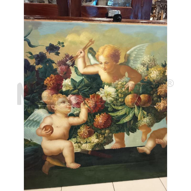 QUADRO OLIO SU TELA CUPIDO CON AMORINI E FIORI | Mercatino dell'Usato Roma porta maggiore 3