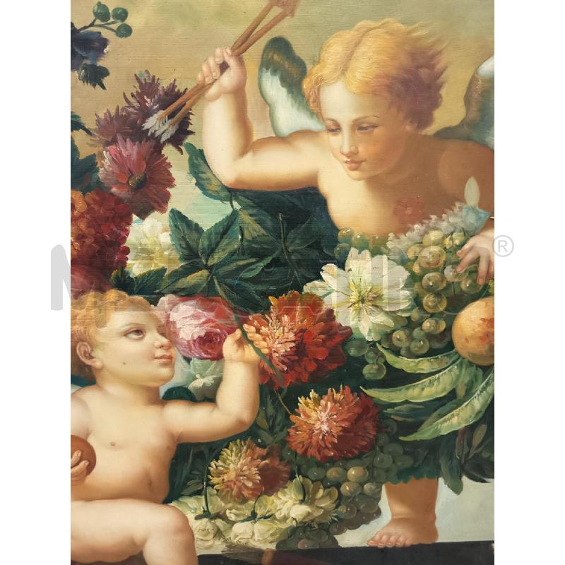QUADRO OLIO SU TELA CUPIDO CON AMORINI E FIORI | Mercatino dell'Usato Roma porta maggiore 5