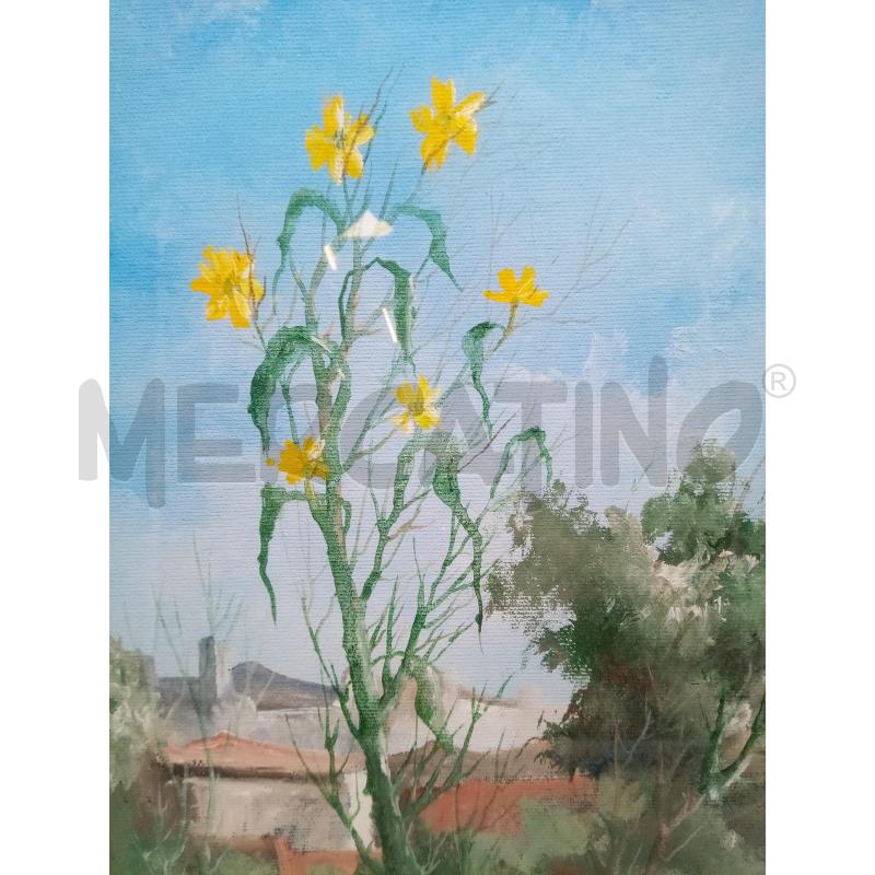 QUADRO OLIO SU TELA FIORI GIALLI CIELO BLU | Mercatino dell'Usato Roma porta maggiore 2