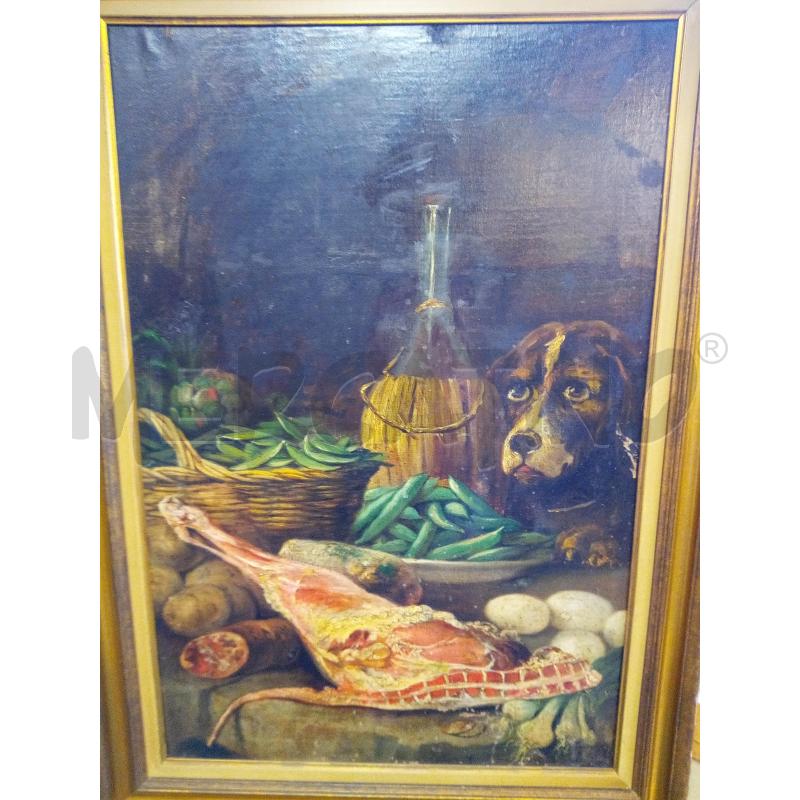 QUADRO OLIO SU TELA NAT MORTA CANE E FAVE | Mercatino dell'Usato Roma porta maggiore 1