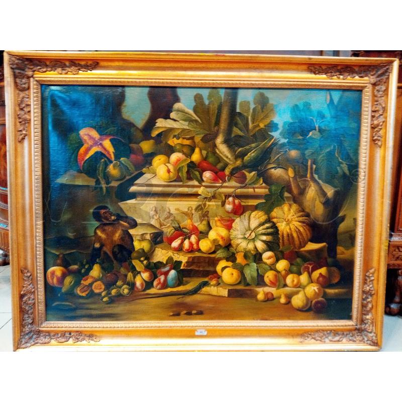 QUADRO OLIO SU TELA NAT MORTA SCIMMIA E PAPPAGALLO | Mercatino dell'Usato Roma porta maggiore 1