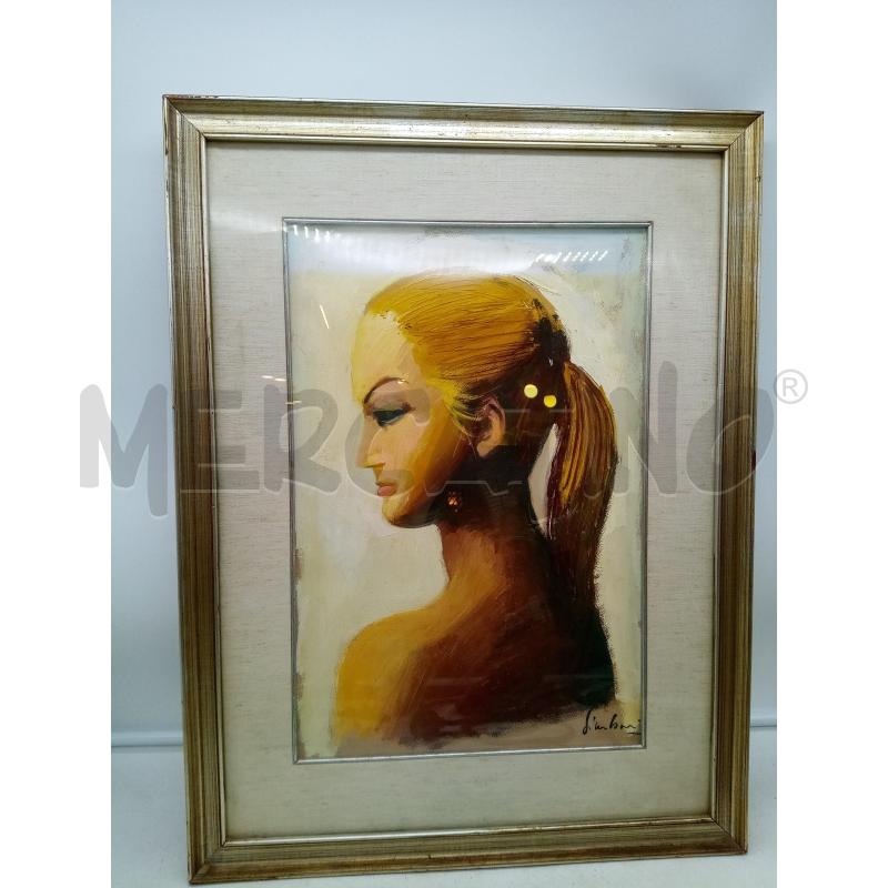 QUADRO OLIO SU TELA PROFILO DONNA CAPELLI RACCOLTI FONDO BIANCO  | Mercatino dell'Usato Roma porta maggiore 1