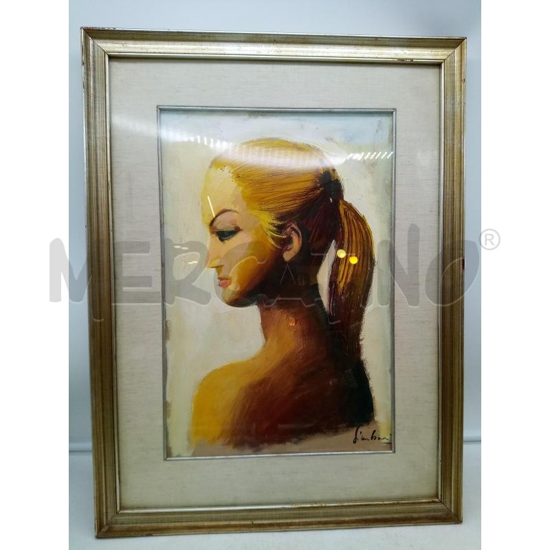 QUADRO OLIO SU TELA PROFILO DONNA CAPELLI RACCOLTI FONDO BIANCO  | Mercatino dell'Usato Roma porta maggiore 5