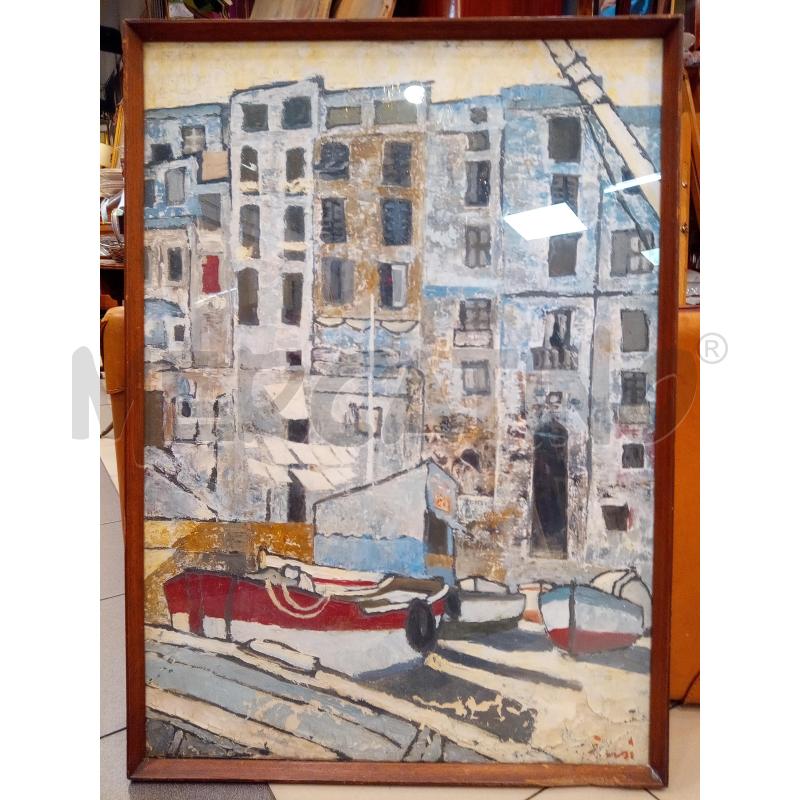 QUADRO OLIO SU TELA RIMESSA BARCHE CON PALAZZI | Mercatino dell'Usato Roma porta maggiore 1