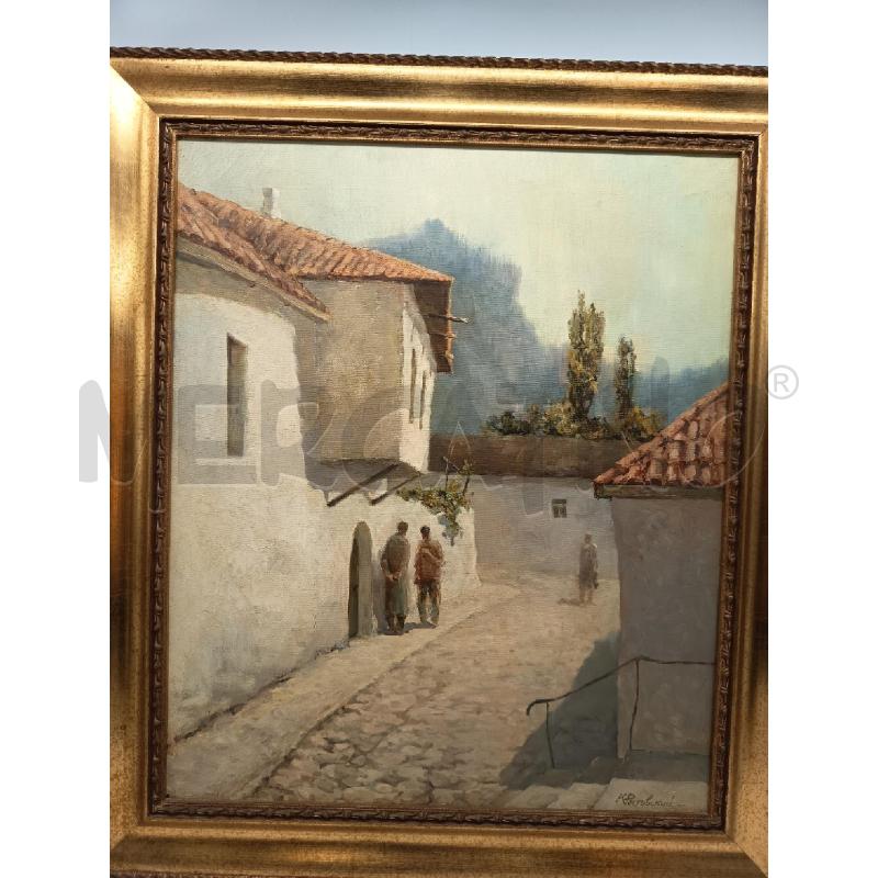 QUADRO OLIO SU TELA SCORCIO PAESELLO PASSANTI   | Mercatino dell'Usato Roma porta maggiore 1