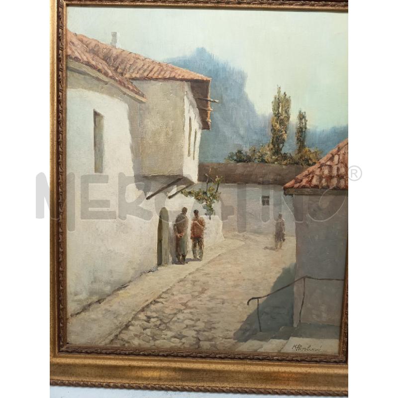 QUADRO OLIO SU TELA SCORCIO PAESELLO PASSANTI   | Mercatino dell'Usato Roma porta maggiore 3