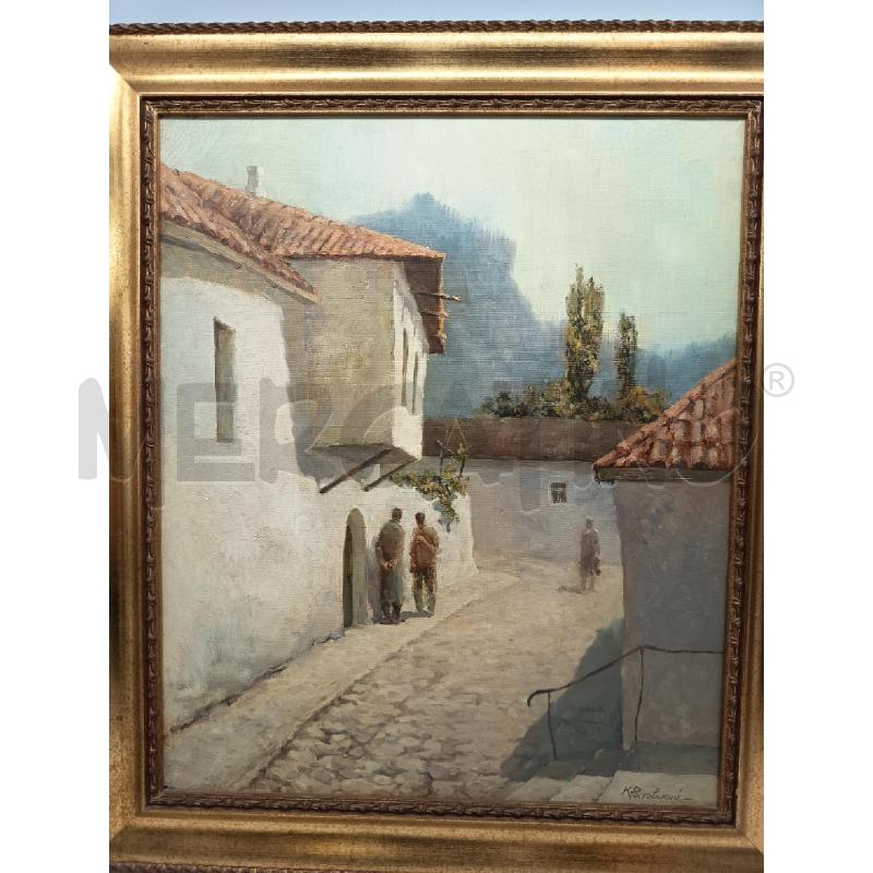 QUADRO OLIO SU TELA SCORCIO PAESELLO PASSANTI   | Mercatino dell'Usato Roma porta maggiore 4