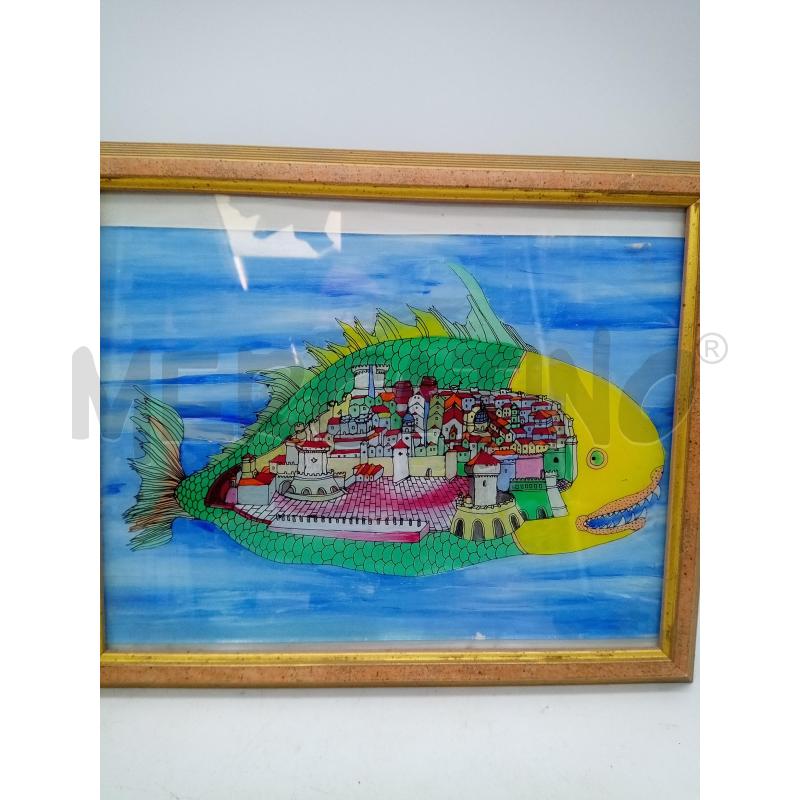 QUADRO OLIO SU VETRO PESCE NAIF  | Mercatino dell'Usato Roma porta maggiore 1
