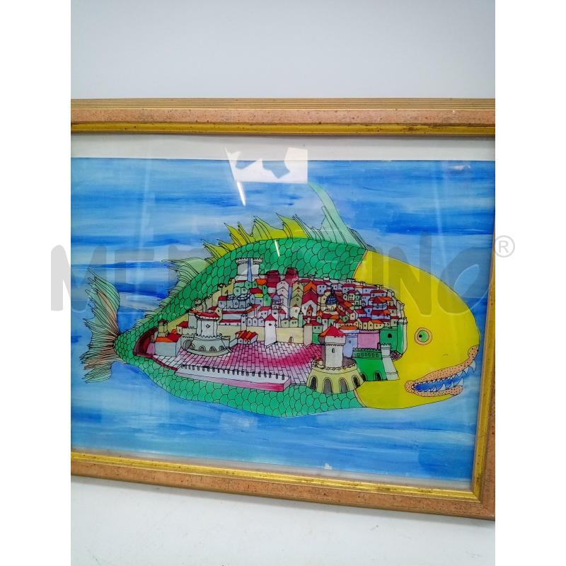 QUADRO OLIO SU VETRO PESCE NAIF  | Mercatino dell'Usato Roma porta maggiore 3
