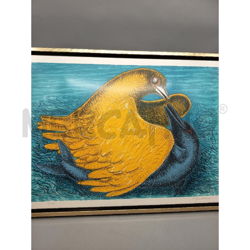 QUADRO SERIGRAFIA UCCELLO CON DELFINO | Mercatino dell'Usato Roma porta maggiore 1