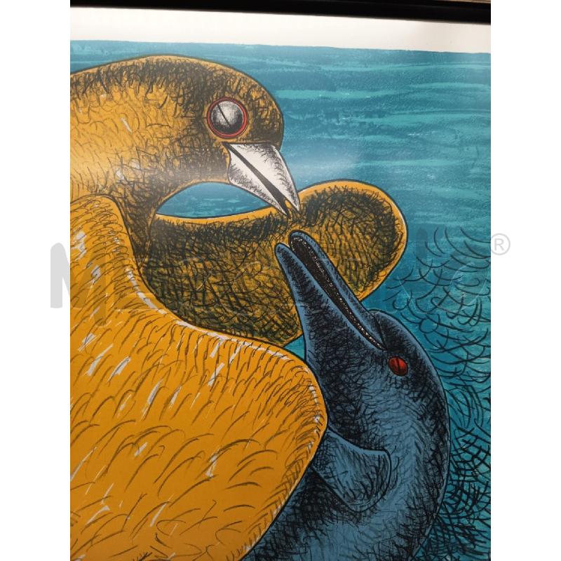 QUADRO SERIGRAFIA UCCELLO CON DELFINO | Mercatino dell'Usato Roma porta maggiore 4
