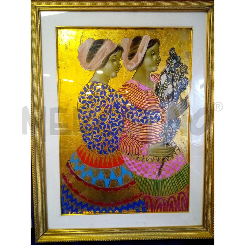 QUADRO TECNICA MISTA POPOLANE CON FIORI FONDO ORO  | Mercatino dell'Usato Roma porta maggiore 1
