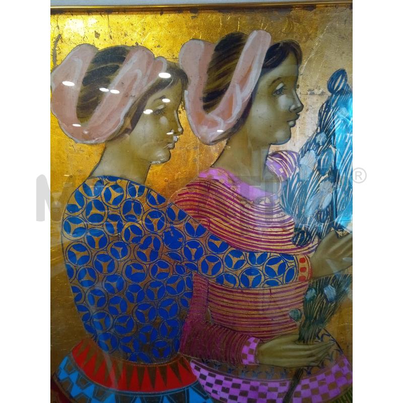 QUADRO TECNICA MISTA POPOLANE CON FIORI FONDO ORO  | Mercatino dell'Usato Roma porta maggiore 2