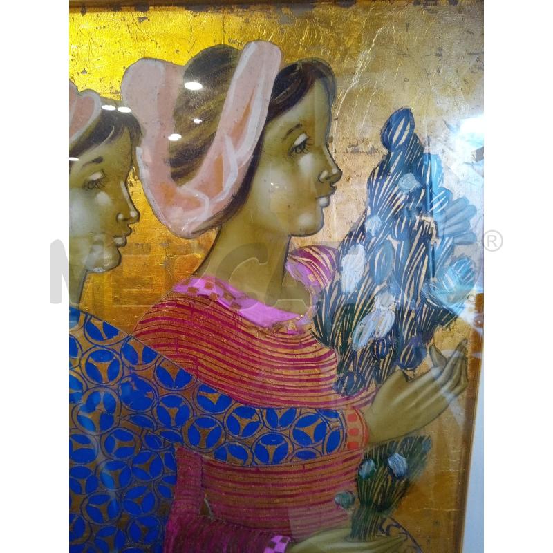 QUADRO TECNICA MISTA POPOLANE CON FIORI FONDO ORO  | Mercatino dell'Usato Roma porta maggiore 3