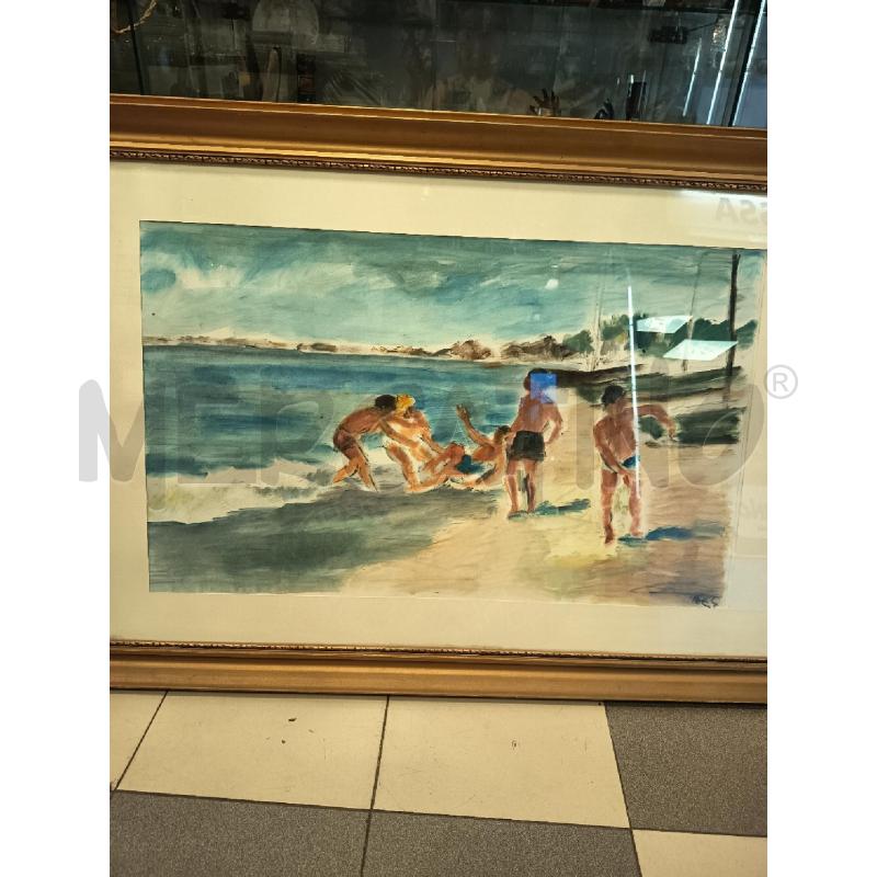 QUADRO TEMPERA SU CARTA BAMBINI IN SPIAGGIA | Mercatino dell'Usato Roma porta maggiore 1